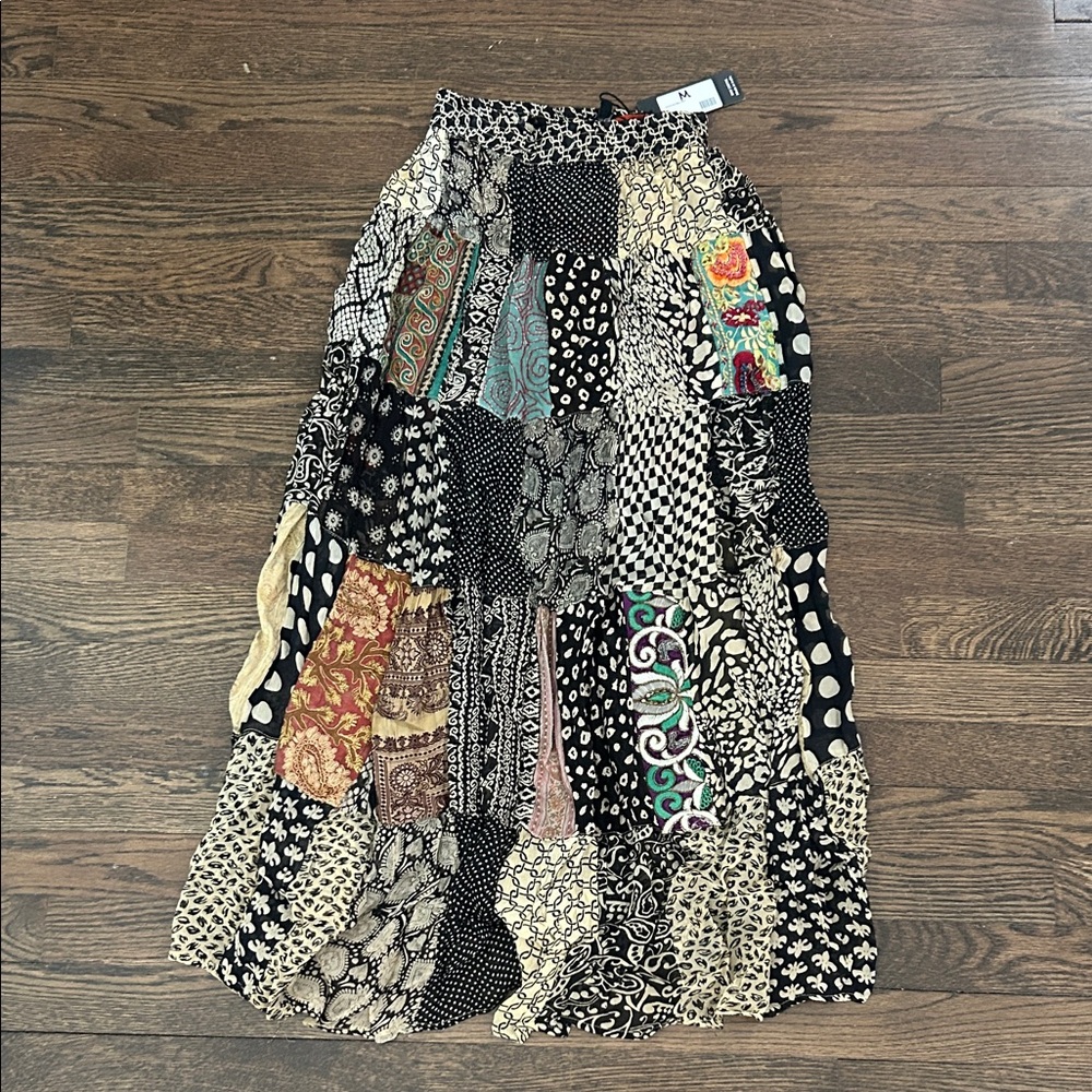 NWT - Bohemian Patchwork A-Line Skirt - Black and Cream